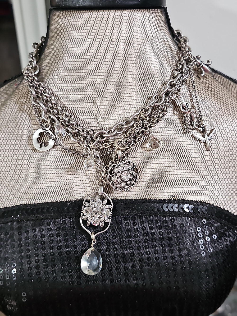 Lucky Brand Multi-Layer Silver Crystal Charm Necklace